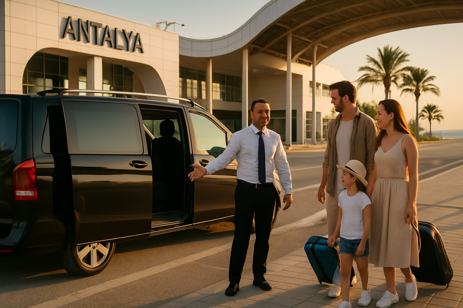 Private transfer van arriving at Antalya Airport with Mediterranean coastline in the background
