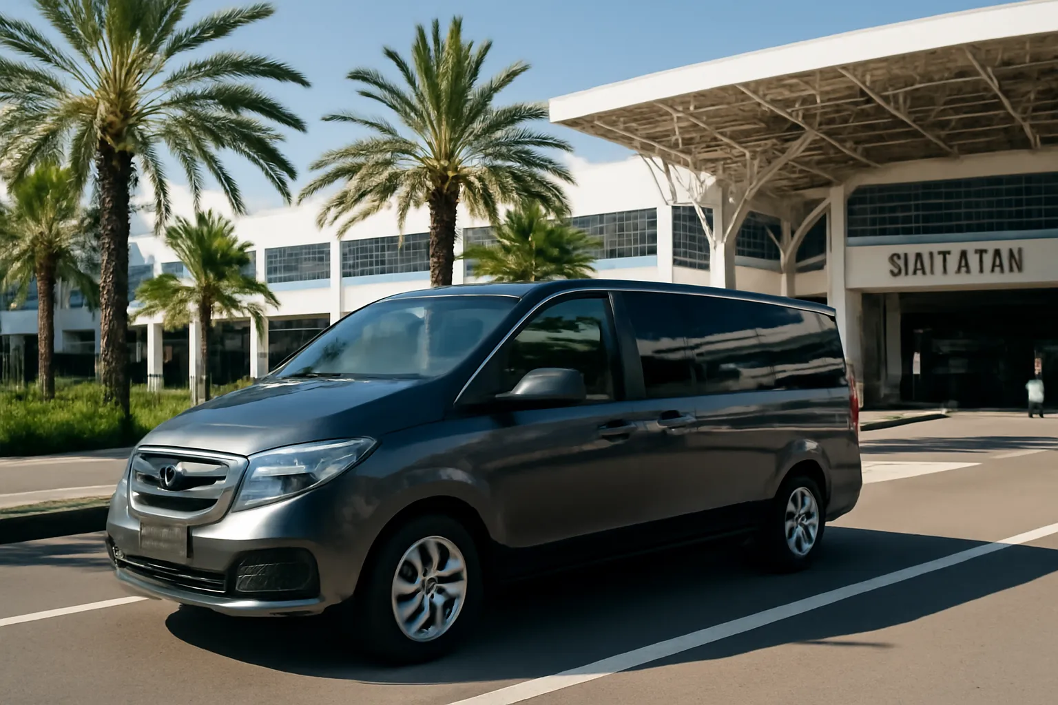 Private transfer vehicle parked near Antalya Airport terminal ready for hotel transfers.
