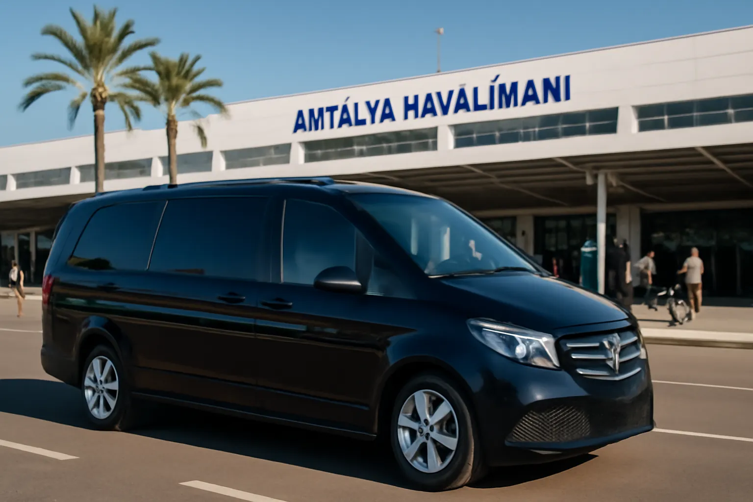 A luxury black chauffeured minivan awaiting passengers at Antalya Airport AYT terminal exit.