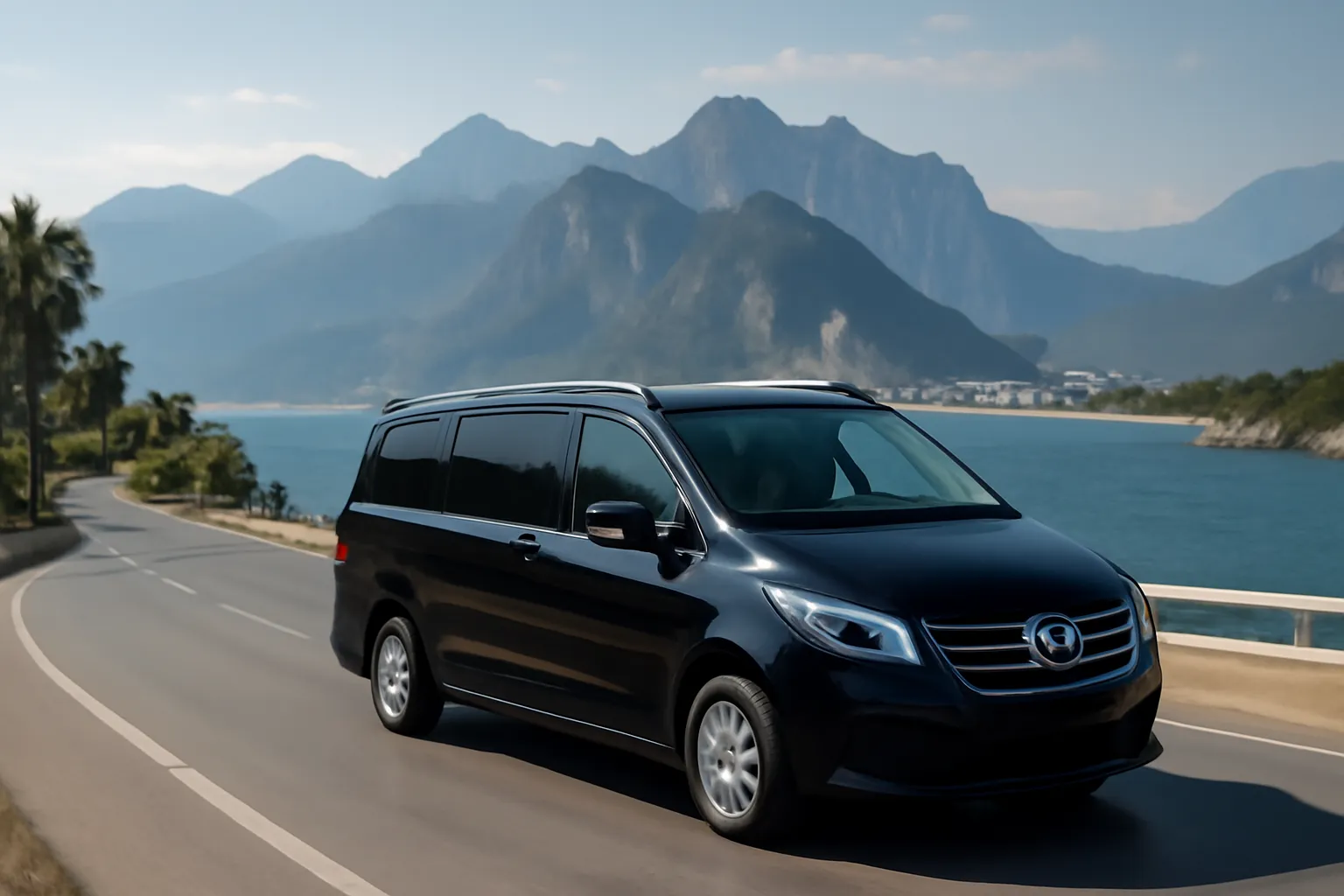 Private transfer vehicle departing Antalya Airport toward Kemer resorts