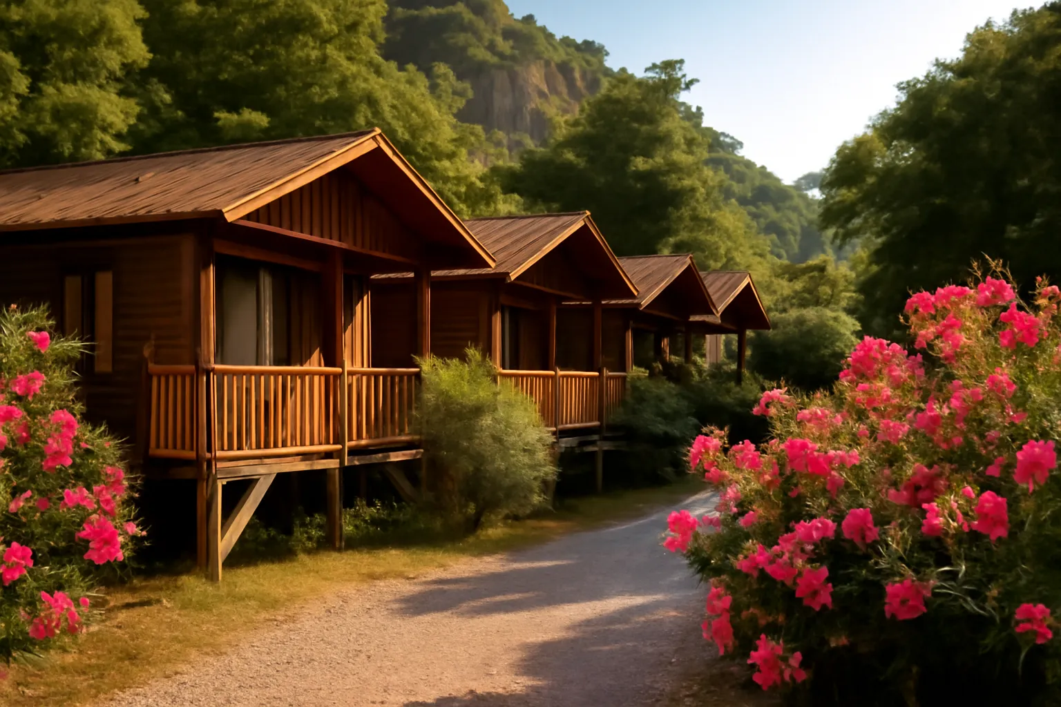 Peaceful wooden bungalows at Zakkum Pansiyon surrounded by lush Mediterranean greenery in Olympos Valley