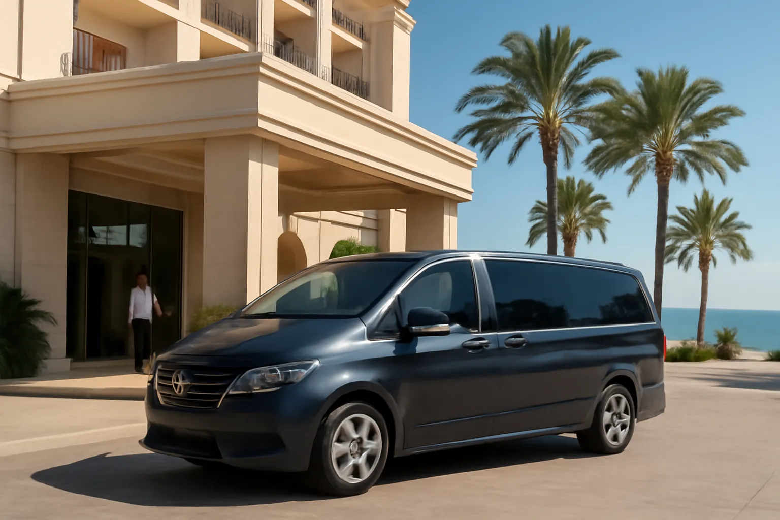 Private transfer vehicle parked near an Antalya beachfront resort hotel