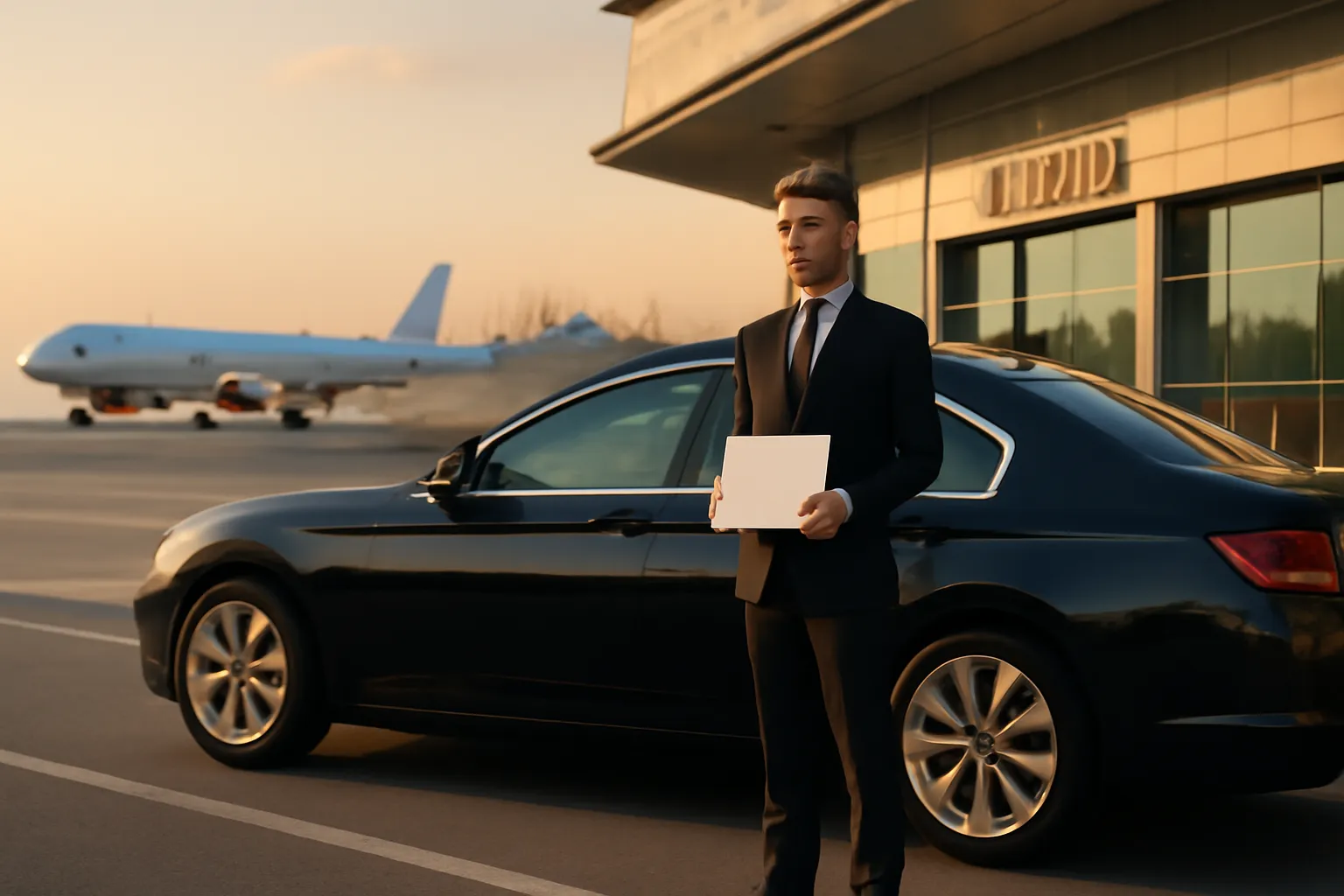 Private transfer car waiting outside Istanbul Airport arrivals with Istanbul skyline and a plane in the background